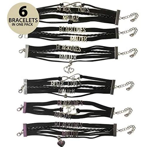 Asnymine one Set of 6 Leather Black Lives Matter wrap Jewelry Bracelets for Men Women and Kids with Love Pendant