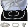 Pearl Romance II Round Pearl II White Pearl Necklace Bracelet & Earrings Set for Women 3 Piece Set Strand Stud Earring Pearl Jewelry Christmas Genuine Cultured Freshwater