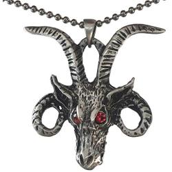 Church of Satan Goat Head Demon Skull Red Crystal eyes Jewelry Baphomet Satanic Devil LaVeyan Satanism Luciferian Gothic Protection Amulet Pewter Mens Pendant Necklace charm for men Silver Ball Chain