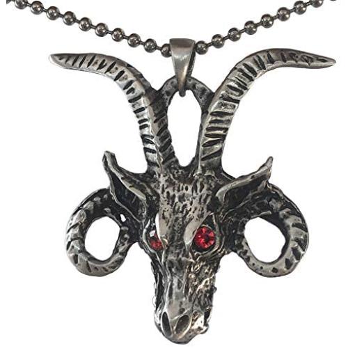 Church of Satan Goat Head Demon Skull Red Crystal eyes Jewelry Baphomet Satanic Devil LaVeyan Satanism Luciferian Gothic Protection Amulet Pewter Mens Pendant Necklace charm for men Silver Ball Chain