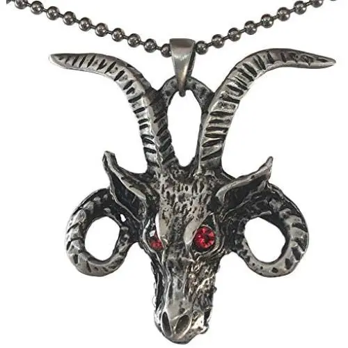 Church of Satan Goat Head Demon Skull Red Crystal eyes Jewelry Baphomet Satanic Devil LaVeyan Satanism Luciferian Gothic Protection Amulet Pewter Mens Pendant Necklace charm for men Silver Ball Chain