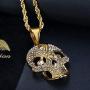 Lee Island Fashion 24K Gold Plated Simulated Diamond CZ Fully Skull Lightning Pendant Stainless Steel Necklace, 24 Inch Chain Hip Hop Halloween Jewelry For Men Boys