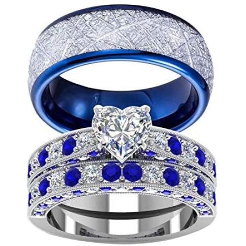 wedding ring set Two Rings His Hers Couples Matching Rings Womens 2pc White Gold Filled Heart CZ Wedding Engagement Ring Bridal Sets Mens Stainless Steel Wedding Band