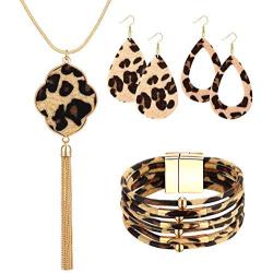Sunmoon Statement Leopard Jewelry Set for Women Leopard Leather Bracelet Teardrop Drop Dangle Earrings Long Tassel Pendant Necklace Mothers Day Necklace Earrings Gift