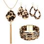 Sunmoon Statement Leopard Jewelry Set for Women Leopard Leather Bracelet Teardrop Drop Dangle Earrings Long Tassel Pendant Necklace Mothers Day Necklace Earrings Gift