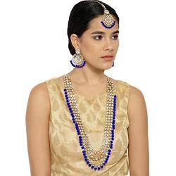 Aheli Indian Wedding Kundan Beaded Bridal Long Choker Necklace Earrings with Maang Tikka Traditional Jewelry Set for Women