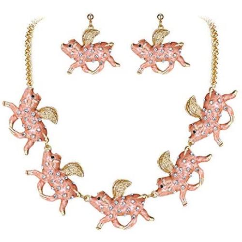 EVER FAITH Austrian Crystal Enamel Lovely Flying Pigs Wing Animal Necklace Earrings Set Clear