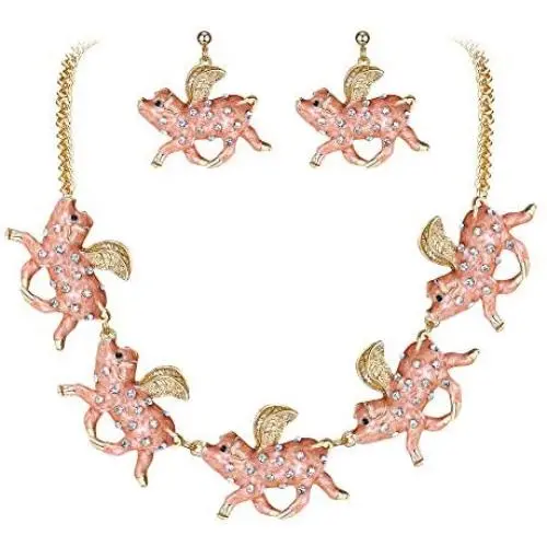 EVER FAITH Austrian Crystal Enamel Lovely Flying Pigs Wing Animal Necklace Earrings Set Clear EVER FAITH Austrian Crystal Enamel Lovely Flying Pigs Wing Animal Necklace Earrings Set Clear