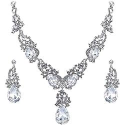 Silver Tone Antique Style Art Deco Clear Crystal Rhinestone Statement Wedding Bridal Prom Chunky Statement Earrings Necklace Gift Set