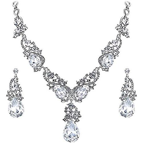 Silver Tone Antique Style Art Deco Clear Crystal Rhinestone Statement Wedding Bridal Prom Chunky Statement Earrings Necklace Gift Set