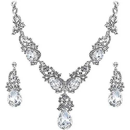Silver Tone Antique Style Art Deco Clear Crystal Rhinestone Statement Wedding Bridal Prom Chunky Statement Earrings Necklace Gift Set