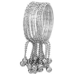 Efulgenz Boho Vintage Antique Gypsy Tribal Indian Oxidized Silver Plated Bell Tassel Charm Bracelets Bangle Set Jewelry
