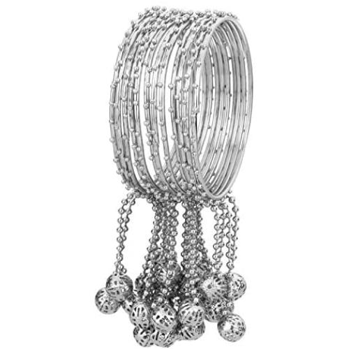 Efulgenz Boho Vintage Antique Gypsy Tribal Indian Oxidized Silver Plated Bell Tassel Charm Bracelets Bangle Set Jewelry