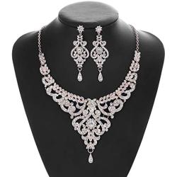 Hapibuy Crystal Wedding Jewelry Set Necklace Earring Set For Women and Brides Rose Gold and Silver Bridal Statement Jewelry Sets