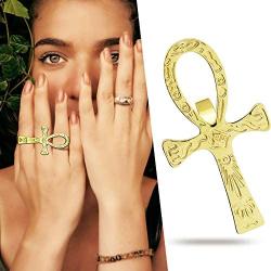 RechicGu Egyptian Ancient Ankh Key of Life Cross Ring Cleopatra Adjustable Band Ankara Hieroglyphic Carved Symbol of Protection Amulet Jewelry