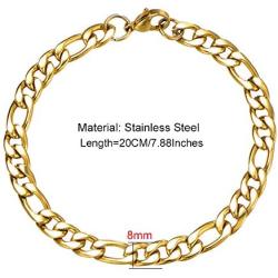 Wang Gao Men Women Fashion Figaro Link Chain Biker Bracelet 8mm Gold Stainless Steel Wrist Jewelry 7.87 Length