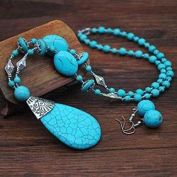 HSQYJ Bohemia Blue Turquoise Pendant Long Beaded Necklace Earring Set with Round Turquoise Bead Drop Dangle Earrings Set for Women Vintage Ethnic Pendant Jewelry…
