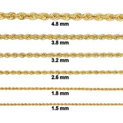 KoolJewelry Men Women 10k Yellow Gold 1.5MM 1.8MM 2.6MM 3.2MM 3.8MM 4.8MM Rope Chain Necklace 16-30 Inch