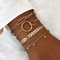 SOFTONES Boho Plated Gold Layered Bracelets for Women Girls Open Cuff Chain Bracelets Sets Jewelry,Adjustable Size