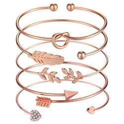 Softones 5pcs Bangle Rose Gold Bracelets for Women Girls Heart|Olive Leaf|Arrow|Feather|Knot Heart Open Cuff Bracelet Set Adjustable