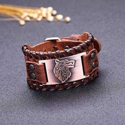 GUNGNEER Norse Vegvisir Wolf Tree of Life Yggdrasil Valknut Rope Knot Brown Leather Bracelet Viking Gift for Men Women Great Amulet