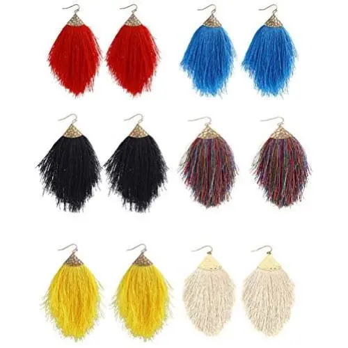 6Pcs Bohemian Silky Thread Fan Long Fringe Tassel Dangle Statement Earrings for Women Girl Boho Lightweight Strand Feather Shape Geometric Big Drop Earrings Fashion Jewelry 6Pcs Bohemian Silky Thread Fan Long Fringe Tassel Dangle Statement Earrings for Women Girl Boho Lightweight Strand Feather Shape Geometric Big Drop Earrings Fashion Jewelry