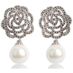 Fashion jewelry womens camellia flower charm immitation pearl dangle earrings