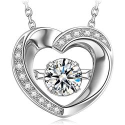 DANCING HEART Gifts for Her ✦Wonderful World✦ 925 Sterling Silver Dancing Stone Pendant Necklace with 5A Cubic Zirconia with Jewelry Box