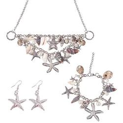 PH PandaHall 3 in 1 Fashion Sea Shell Starfish Faux Pearl Collar Bib Statement Chunky Necklace Bracelet and Earrings Set in Gift Box (Platinum)