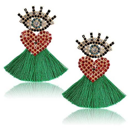Devil Eye Tassel Earrings - Rhinestone Fan Fringe Earrings - Gifts for Mom, Sisters and Girlfriends