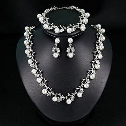ASTRUE Bridal Flower Necklace Bracelet Earring Set, Austrian Crystal Cream Simulated Pearl Wedding Drop Dangle Jewelry Set
