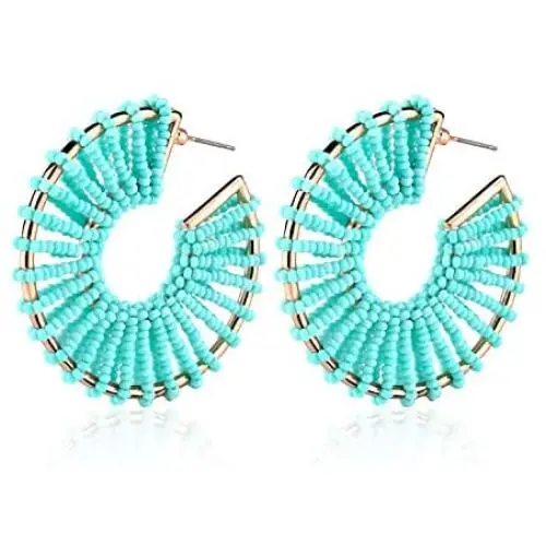 Statement Raffia Earrings Hoop Geometric Beaded Handmade Colorful Bohemian Dangle Earrings for Women Girls Statement Raffia Earrings Hoop Geometric Beaded Handmade Colorful Bohemian Dangle Earrings for Women Girls