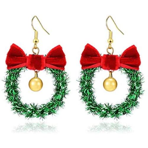 Handmade Christmas Ornament Wreath Earrings,Lightweight Christmas Red Bow Piercing Dangle Earrings,Women/Girls New-Year Gift,Christmas Party Earrings