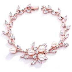 Mariell Luxury Blush Rose Gold Cubic Zirconia Crystal & Genuine Freshwater Pearl Wedding Bridal Bracelet