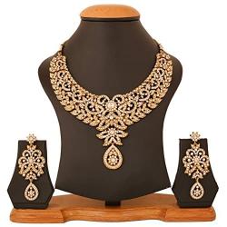 Touchstone Hollywood Glamour Pretty Filigree Rhinestone Studded Diamond Look Designer Bridal Jewelry hasli Necklace Set for Women in Antique Gold Tone