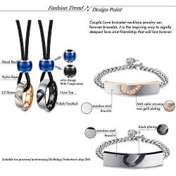 LOYALLOOK Couple Necklace Bracelet Set for Him and Her Bracelet Women Men Stainless SteeI Love CZ Ring Pendant Bracelet Couple Jewelry for Lover