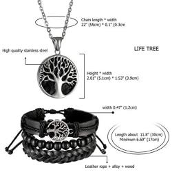 Sets of 2 Tree of Life Jewelry Sets-Stainless Steel Tree of Life Pendant Necklace,Multi-layer Beads Leather Bracelets