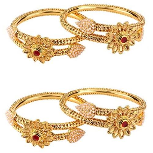 Efulgenz Fashion Jewelry Indian Bollywood 14 K Gold Plated Faux Pearl Kundan Rhinestone Floral Bracelet Bangle
