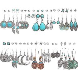 36 Pairs Fashion Vintage Simulated Turquoise Drop Dangle Earrings Set for Women Girls Boho Hollow Waterdrop Leave Feather Silver Jewelry for Christmas Gifts