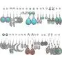 36 Pairs Fashion Vintage Simulated Turquoise Drop Dangle Earrings Set for Women Girls Boho Hollow Waterdrop Leave Feather Silver Jewelry for Christmas Gifts