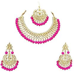 Finekraft Meena Kundan Bridal Wedding Designer Gold Plated Pearls Necklace Jewelry Set