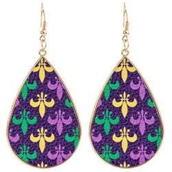 Mardi Gras Earrings Large Faux Leather Carnival Themed Jewelry Fleur De Lis Dangle Drops Zinc Alloy Earrings Delicate Gift for Women Girls Party