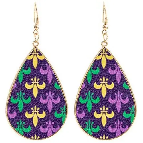Mardi Gras Earrings Large Faux Leather Carnival Themed Jewelry Fleur De Lis Dangle Drops Zinc Alloy Earrings Delicate Gift for Women Girls Party