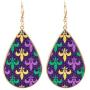 Mardi Gras Earrings Large Faux Leather Carnival Themed Jewelry Fleur De Lis Dangle Drops Zinc Alloy Earrings Delicate Gift for Women Girls Party