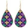 Mardi Gras Earrings Large Faux Leather Carnival Themed Jewelry Fleur De Lis Dangle Drops Zinc Alloy Earrings Delicate Gift for Women Girls Party