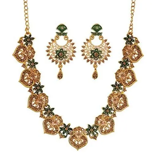 MUCH-MORE Gold Plated Meena Work Mint Colour Necklace Traditional Jewellery Set for Women/Girls