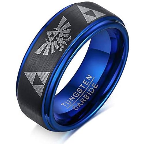 PJ Jewelry Mens 8mm Tri - Colored Tungsten Carbide Legend of Zelda Symbols Triforce Wedding Band,Anniversary Ring