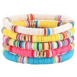 Boderier Heishi Beaded Bracelets for Women Colorful Rainbow Vinyl Disc Bead Stretch Bracelet Stackable Summer Beach Surfer Bracelets