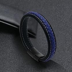 Mens Leather Bracelet Blue and Black Leather Braided Bracelet with Black Stainless Steel Magnetic Buckle