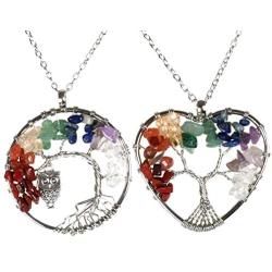 Yunison 2pcs Tree of Life Necklace for Women Chakra 7 Gemstone Pendant Handmade Jewelry Gift